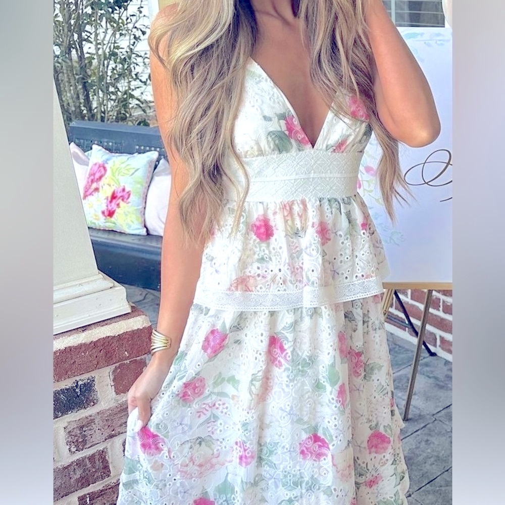 Gianni Bini Sz 10 Layered Chiffon Pink Floral  Lace Trim Peplum Midi Dress NWT